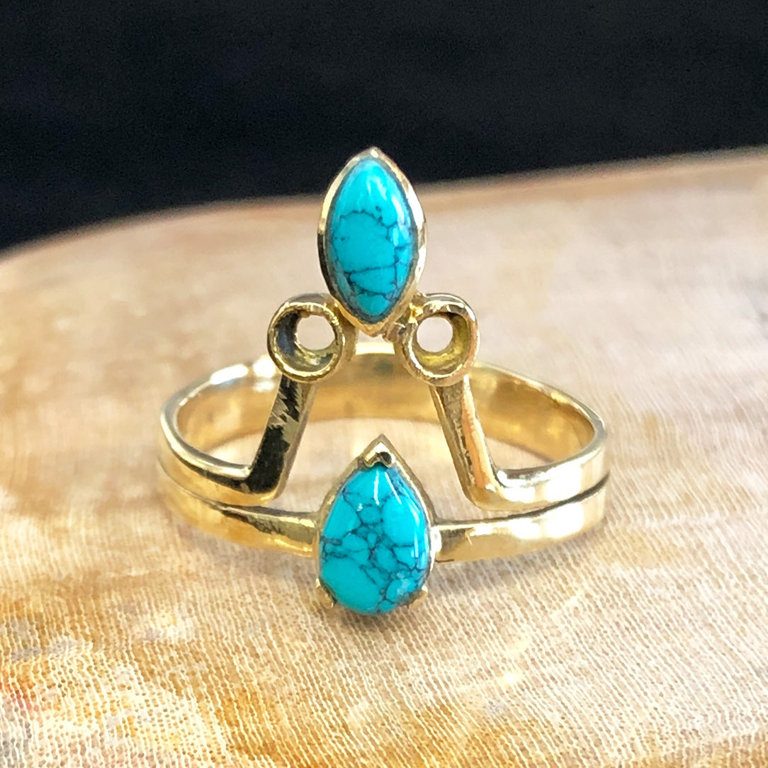 Turquoise Pyramid Ring - Brass
